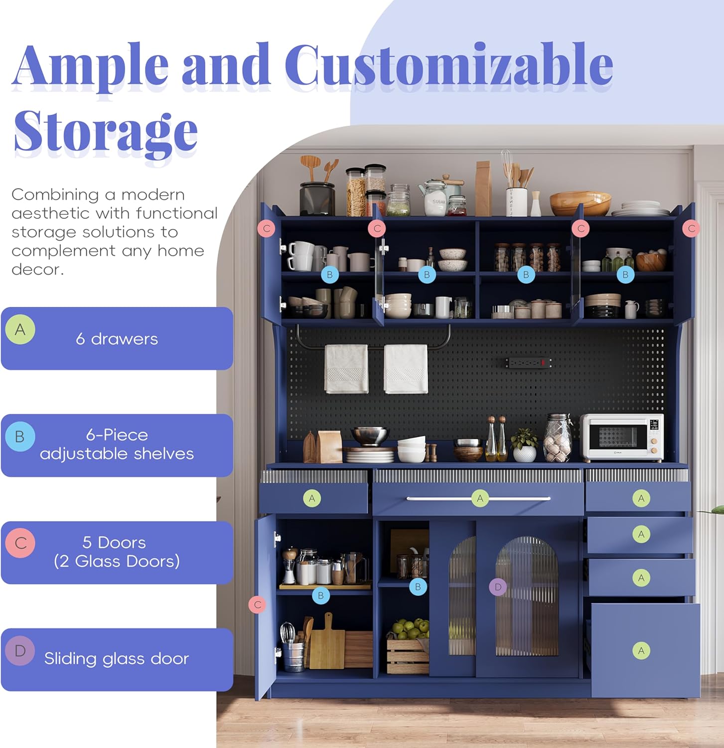Merax Freestanding 63" W Buffet with Hutch, Large Coffee Bar Storage Cabinet with 6 Drawers, 5 Cabinets with Adjustable Shelves, Pegboard, Towel Rack, Blue