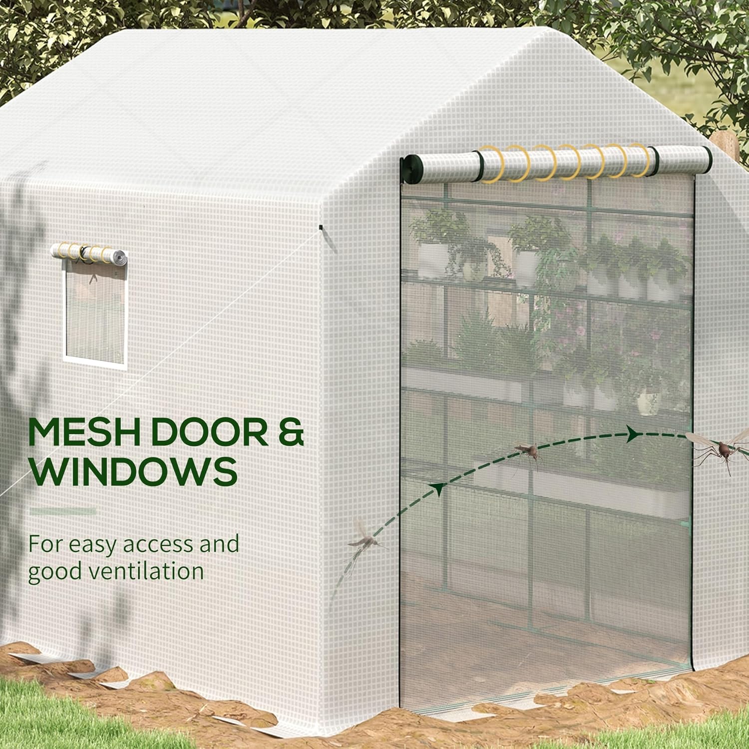 Outsunny 8' x 6' x 7' Walk-in Greenhouse, PE Cover, 4-Tier Shelves, Steel Frame Hot House, Roll-Up Zipper Door for Flowers, Vegetables, Saplings, Tropical Plants, White