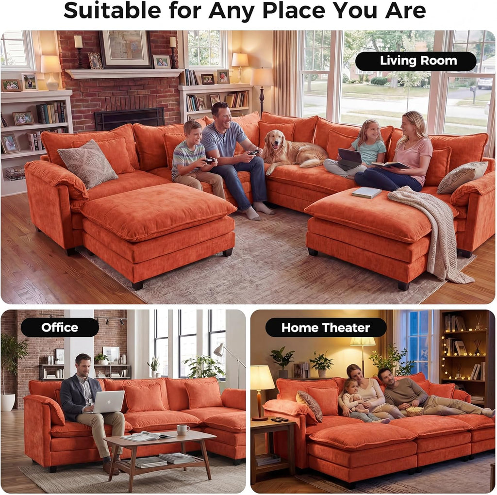 ELUCHANG 114" Oversized Modular Sectional Sofa, Comfy Chenille Cloud Couch, 7-Seater V Shaped Modern Deep Seat Sofa w/Removable Covers for Living Room, Bedroom, DIY Combination - Terracotta