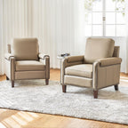 HULALA HOME Genuine Leather Accent Chair Set of 2 with Nailhead Trim, Beige | Mid-Century Modern Armchair with Solid Wood Legs, Rolled Arms, and Removable Cushion