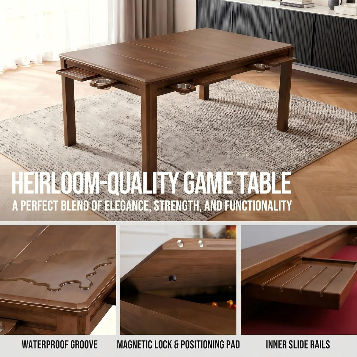 63" Solid Wood Board Game Table for Gaming/Dining, Removable Top | Gaming Table for 4–6 Players with 54" x 30.7" Play Area, Neoprene Play Mat, Leaf Storage Rack, 6 Cup Holders & Trays, Walnut