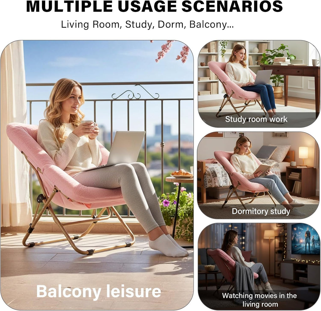Tiita Comfy Folding Saucer Chair for Adults, Moon Chair, Pink | Soft Faux Fur Seat, Metal Frame Structure, Cozy Accent Seating for Reading and Relaxing in Bedrooms, Living Rooms and Dorms
