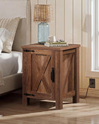 WLIVE Farmhouse Nightstand with Charging Station, Rustic Brown End Table with Barn Door and Adjustable Storage Shelf, 18" Modern Wood Night Stand Bedside Table for Bedroom