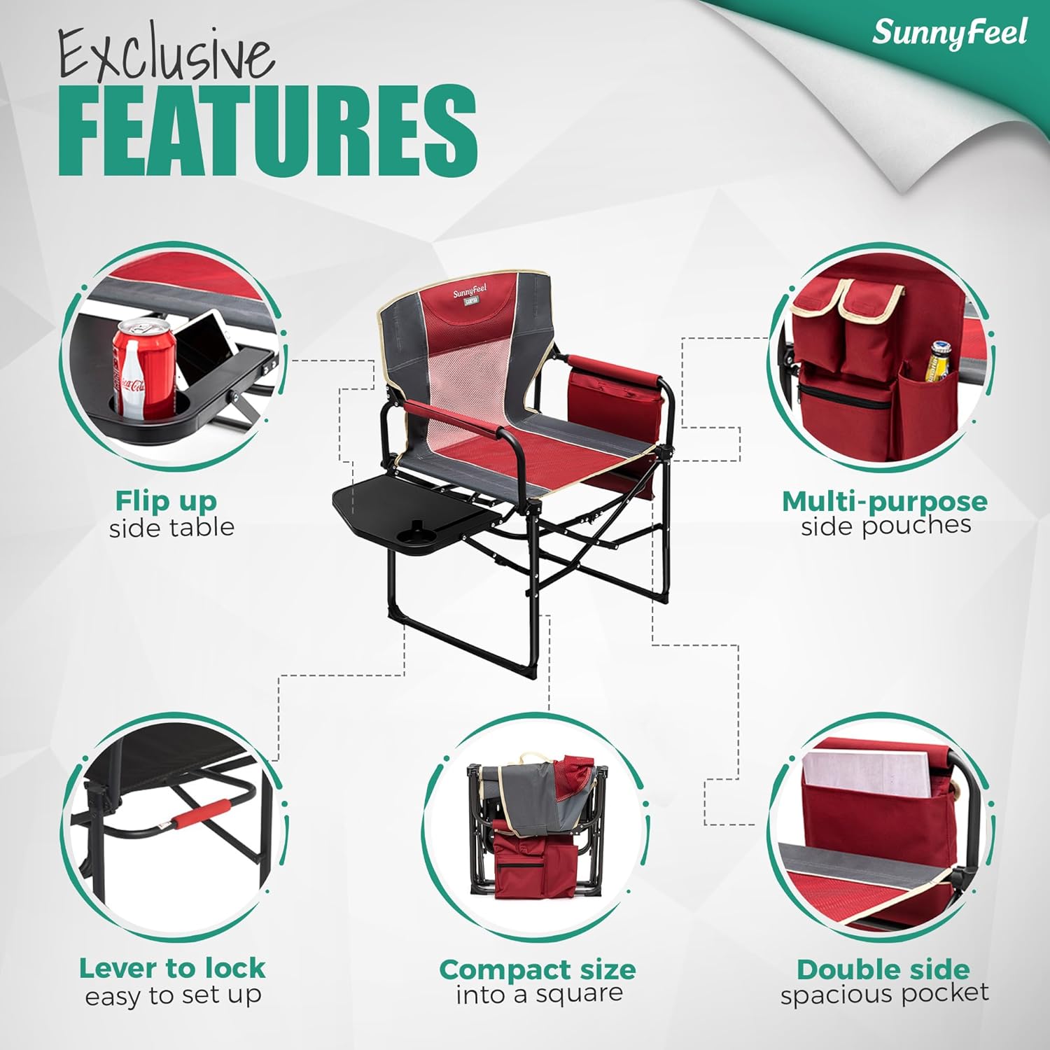 SUNNYFEEL Oversized Camping Chair Portable Directors Chairs with Side Table | Heavy Duty Folding Lawn Chair for Adults 300LBS with Compact Size, Breathable Mesh, Pocket & Carry Bag for Outdoor, Lawn, RV