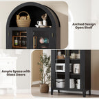 IDEALHOUSE Arched Kitchen Pantry Cabinet with Glass Doors, 5-Tier Farmhouse Display Cabinet with Adjustable Shelves, Versatile Storage Cupboard Organizer for Bathroom, Dining Room, Living Room, Black