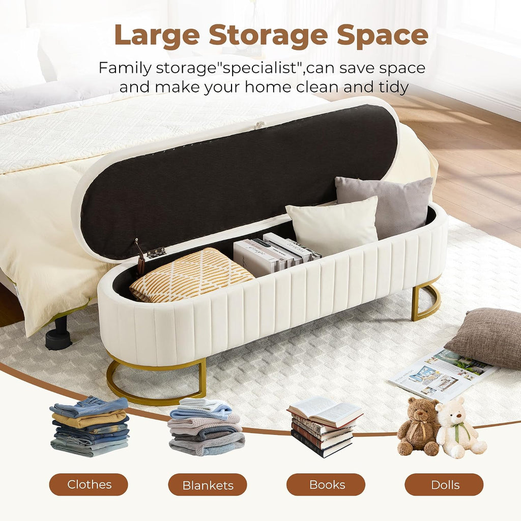 Storage Ottoman Bench, 63" Velvet End of Bed Bench Bedroom Bench King Size with Golden Metal Legs, Upholstered Storage Bench for Bedroom Living Room Entryway and Window, Beige
