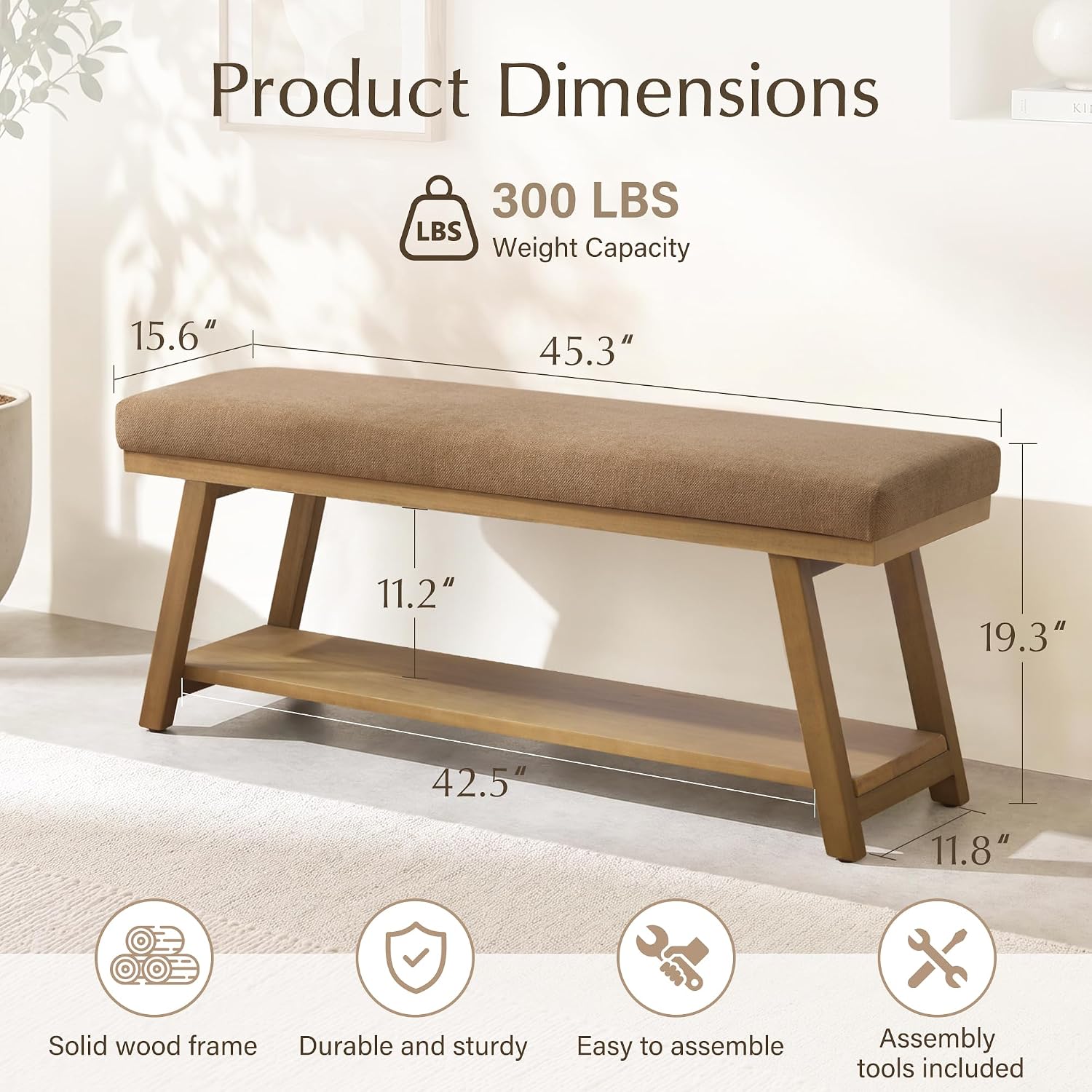 Zihanhome 45" Entryway Bench Upholstered Storage Bench for Bedroom(Brown) | Shoe Rack Bench for Living Room, Hallway, Mudroom, Balcony, Sturdy Indoor Bench Seat Holds Up to 300 lbs