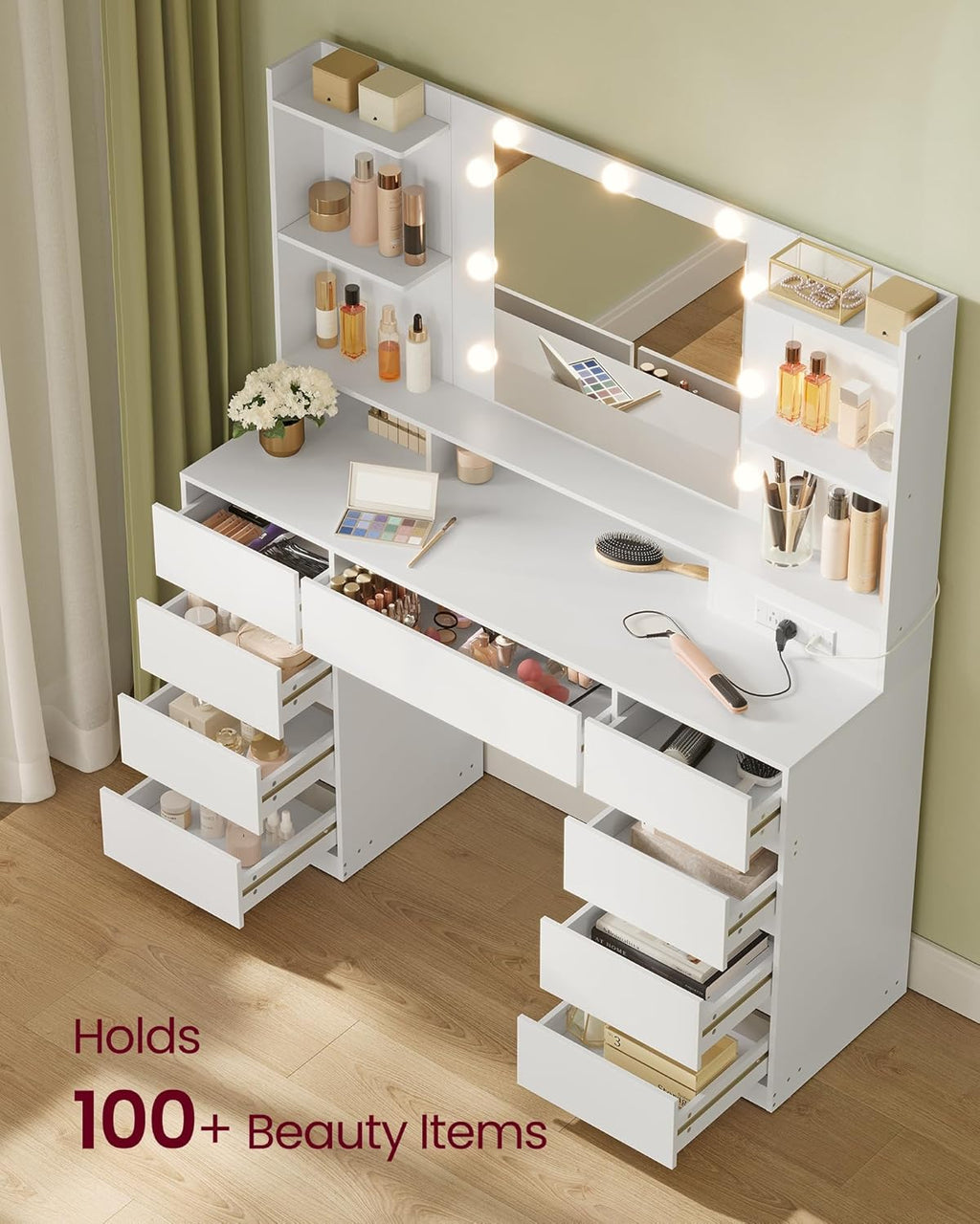 VASAGLE 43.3-Inch Vanity Desk with Mirror and Lights, 9 Drawers | Modern Vanity Table with Power Outlets, Jewelry Storage, Cloud White, for Bedroom, KAILYN Collection URDT141WB01S