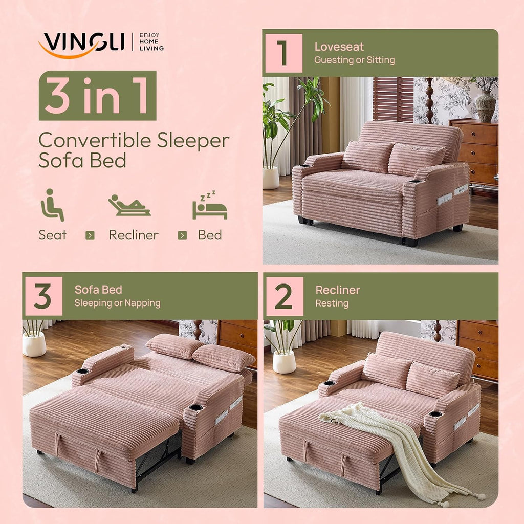 VINGLI Green Futon Sofa Bed Convertible Loveseat Sleeper Sofa Couch, Corduroy Pullout Sofa Fold Out Couch Bed with USB Ports, Cup Holders, Armrest for Living Room, Bedroom Apartment Room