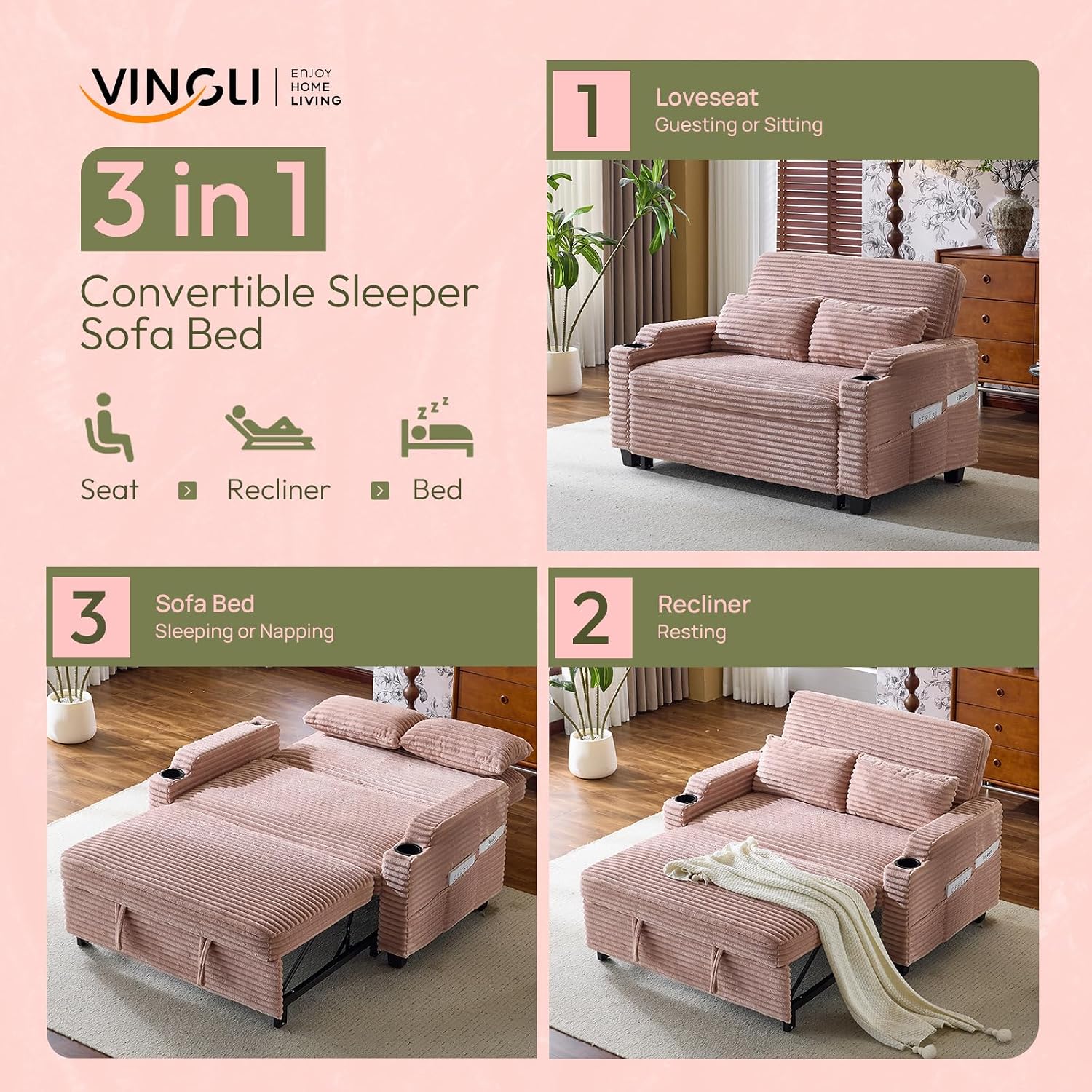 VINGLI Green Futon Sofa Bed Convertible Loveseat Sleeper Sofa Couch, Corduroy Pullout Sofa Fold Out Couch Bed with USB Ports, Cup Holders, Armrest for Living Room, Bedroom Apartment Room