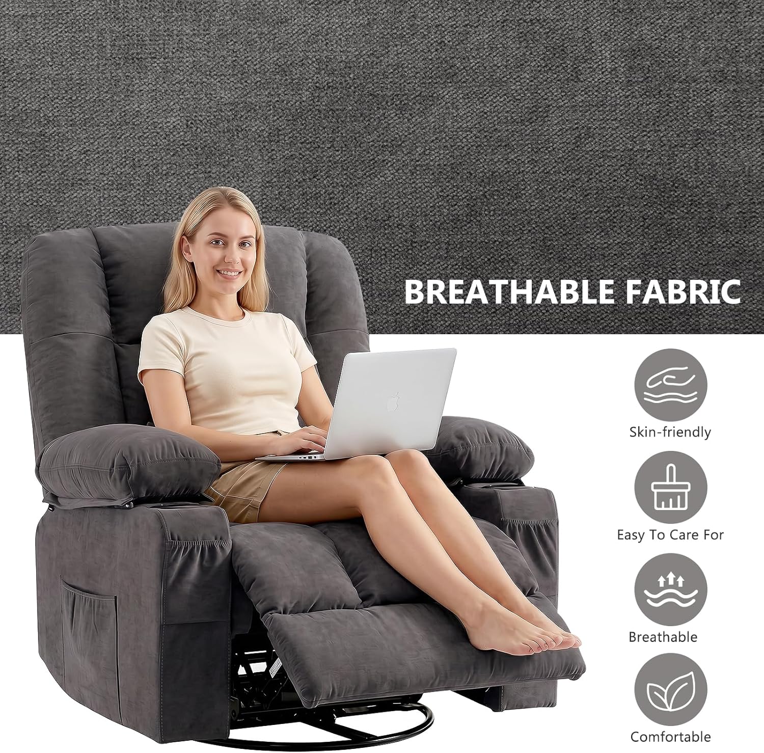 Swivel Rocker Recliner Chair with Vibration Massage and Heat Ergonomic Lounge Chair for Living Room with Rocking Function and Side Pocket, 2 Cup Holders, USB Charge Port