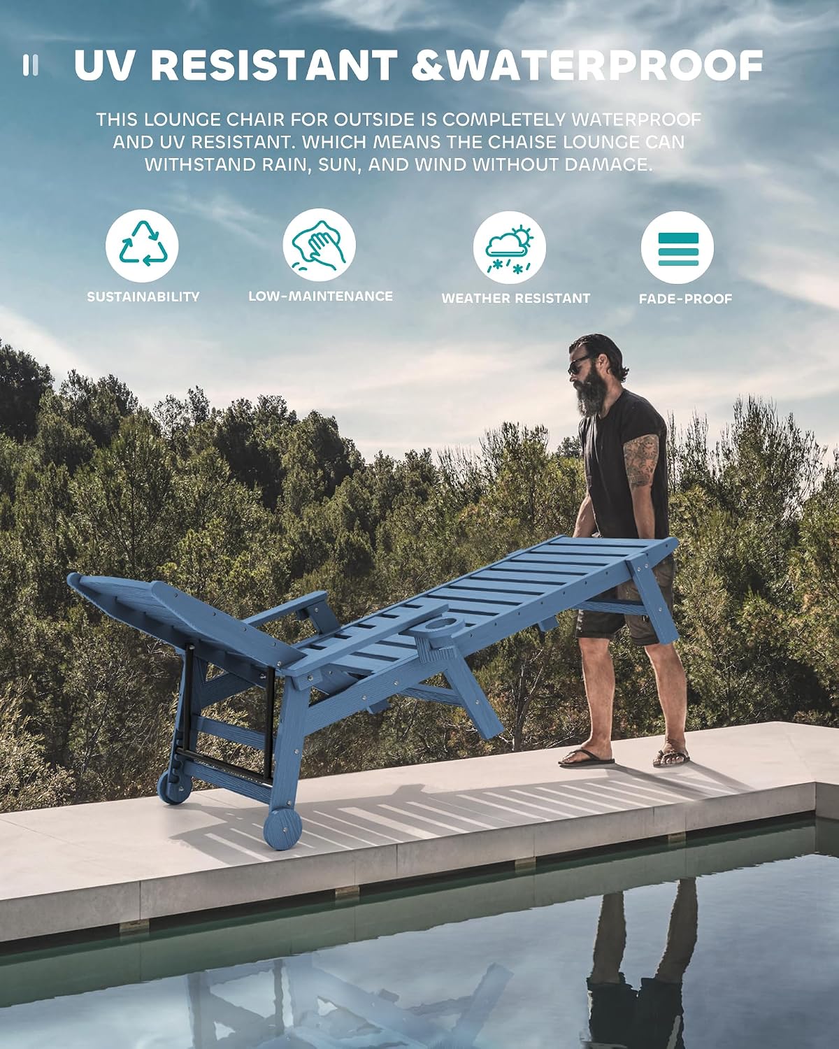 SERWALL HDPE Outdoor Lounge Chair Set of 2 with Cup Holder, Blue