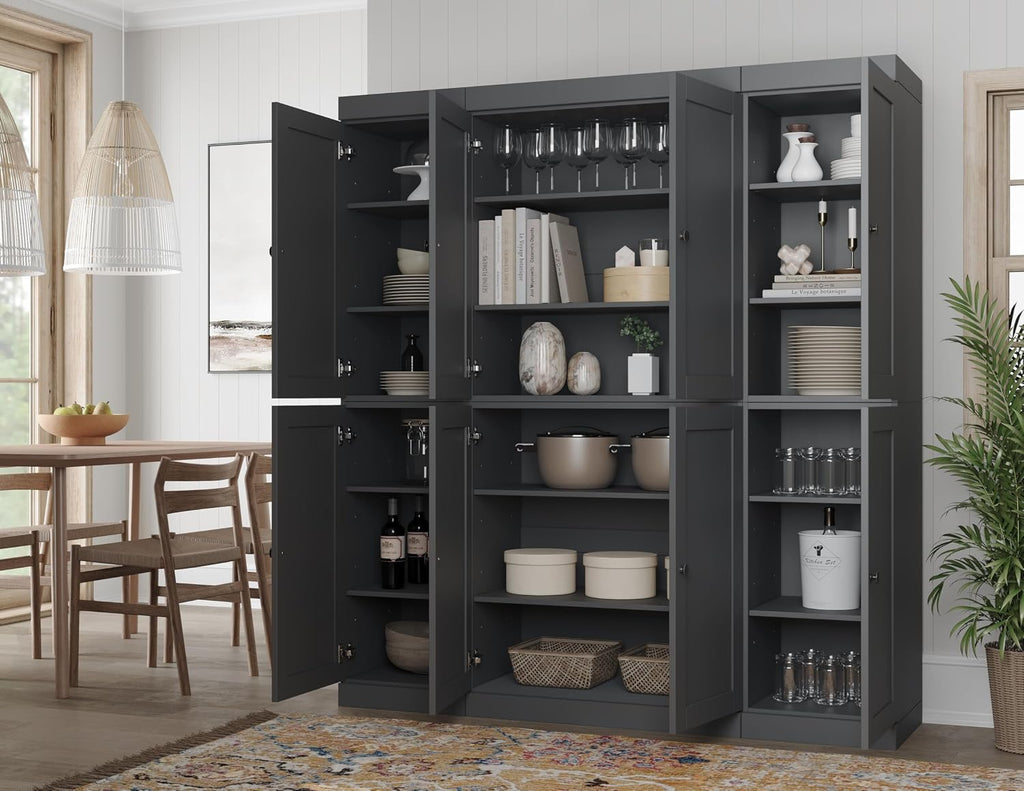 Palace Imports Solid Wood Kitchen Pantry Cabinet – 71.5" Tall x 65" Wide – Wooden Storage Cabinet with 8 Shaker Doors & 12 Adjustable Shelves – Gray, 100% Eco-Friendly Wood, Made in Brazil, Cupboard