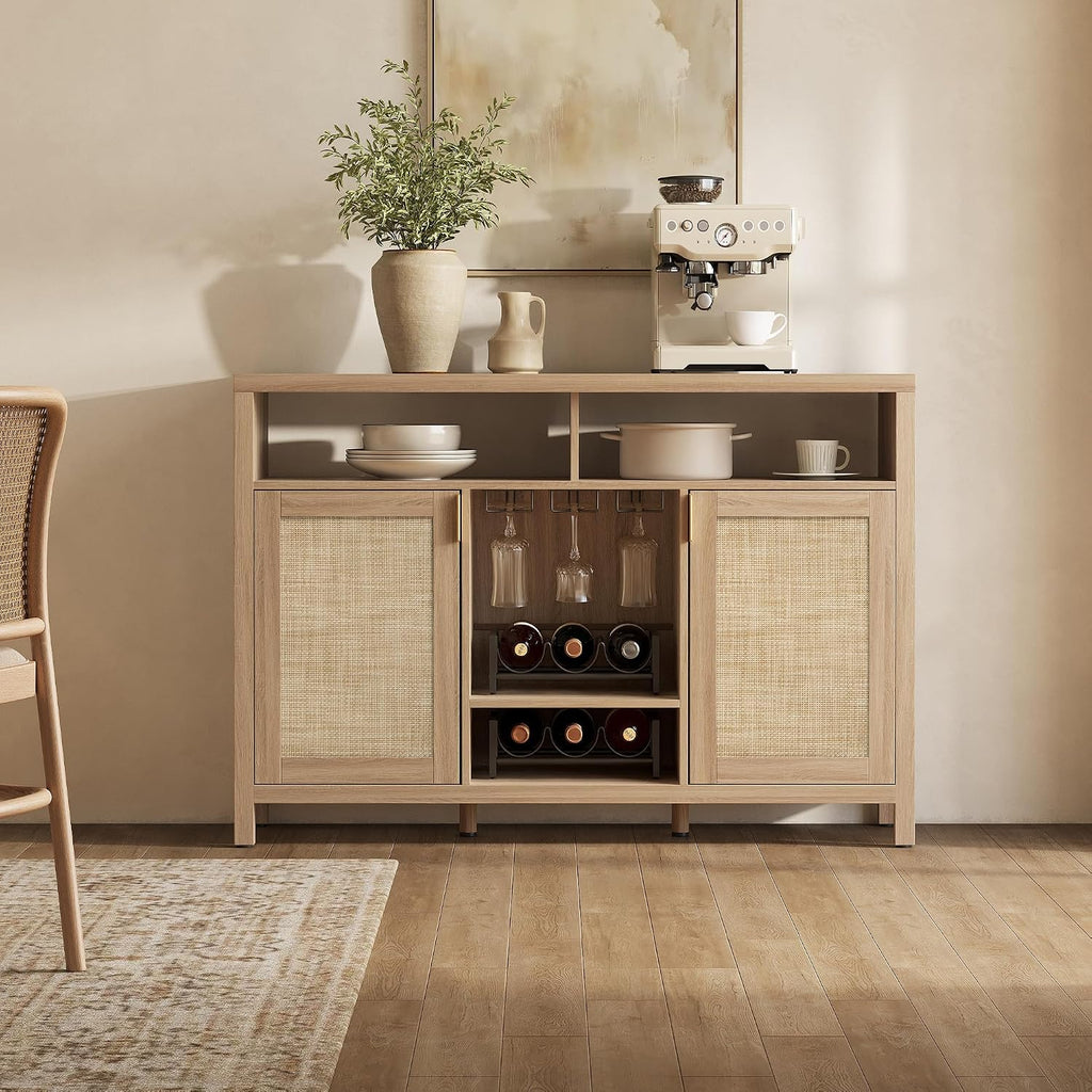 SICOTAS 51" Coffee Bar Cabinet with Storage, Rattan Bar Cart Liquor Cabinet | Large Home Bar Table Wine Cabinet with Wine Racks & Metal Glass Holders, Boho Sideboard Buffet Cabinet for Dining Living Room
