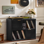LEYAOYAO Large Record Player Stand with Vinyl Storage Up to 450 Albums, Wood Fluted Boho Record Storage Accent Cabinet, Modern Stereo Media Cabinets, Wide Turntable Stand for Living Room, Black Oak