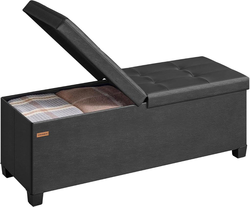 SONGMICS Storage Ottoman Bench with Legs, Flipping Lid, 43.3 Inches | Folding Ottoman Foot Rest, PU Leather, for Living Room, Bedroom, Entryway, Black, Mazie Collection ULSF085BH01