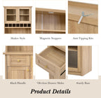 Polibi Farmhouse Freestanding Kitchen Pantry Cabinet Buffet with Hutch, Wine Rack, Adjustable Shelves, Pull-Out Bottle Trays & Glass Doors, 35.4x17.7x74.8inch,Natural