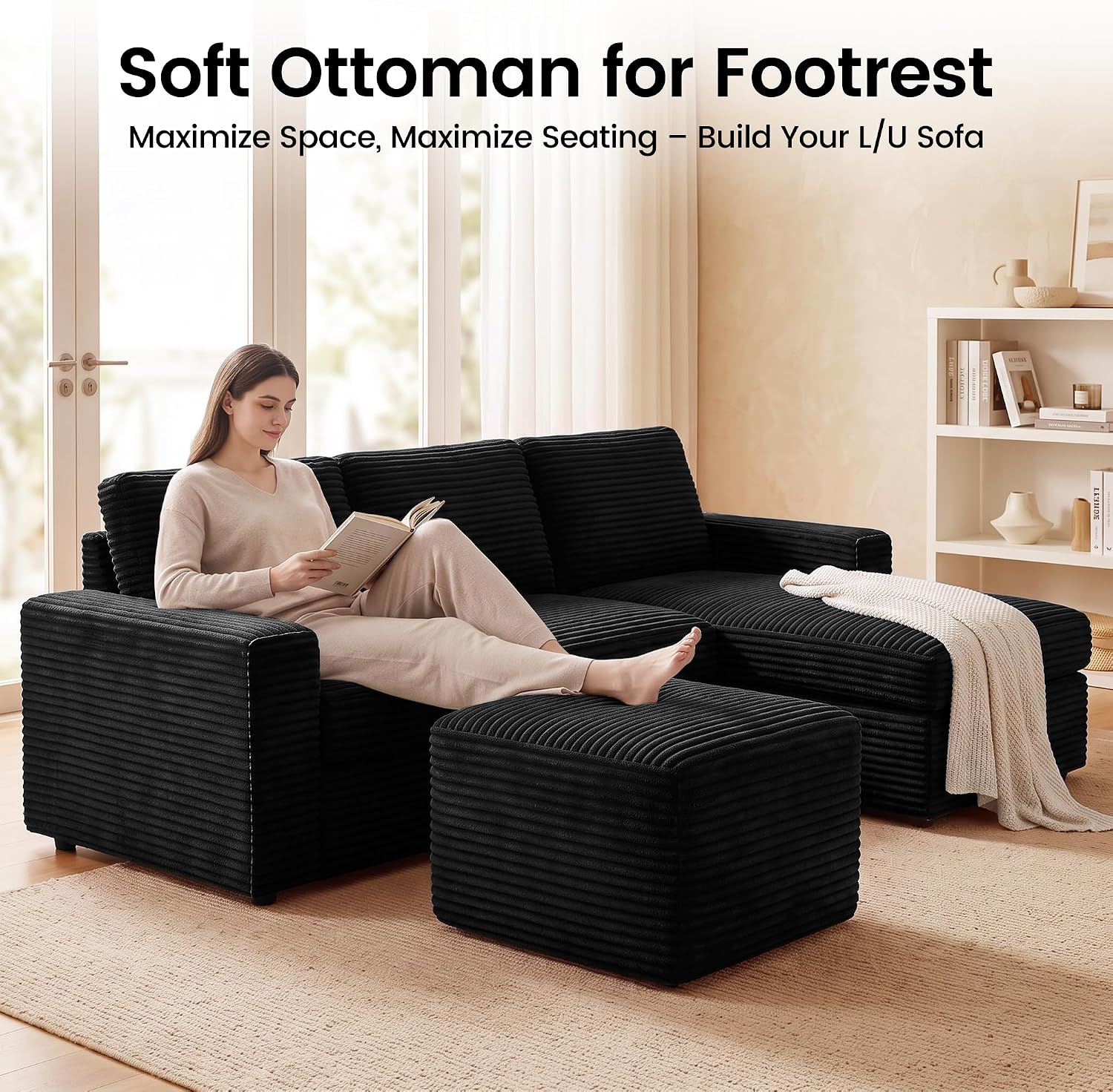 27.6" Floor Ottoman, Plush Corduroy Ottoman Foot Rest for Couch in a Box, Compressed Soft Foam Footrest No Assembly Require, Large Square Footstool for Living Room, Bedroom, Black