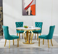 3-Piece Round Marble Dining Table Set for 4 with Velvet Chairs | Modern Faux Marble Kitchen Table with 4 Green Tufted Chairs,White Gold Dinner Tables Diamond Stainless Steel Pedestal Base
