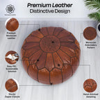 Moroccan Leather Handmade Pouf Ottoman Cover, Unstuffed Foot Stool, Round Boho Footrest for Living Room, Bedroom, Home Decor Gift (Dark Tan By Brown)