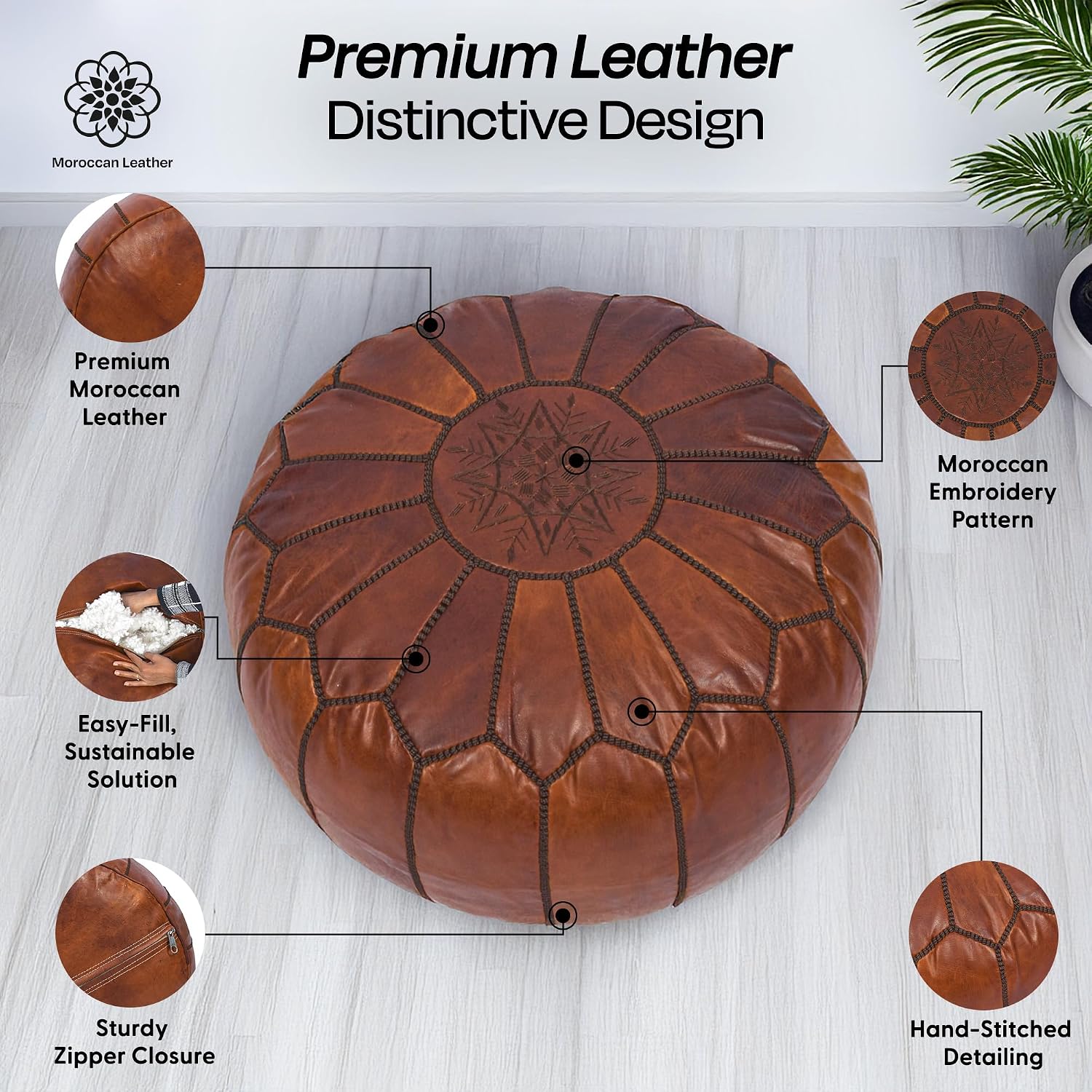 Moroccan Leather Handmade Pouf Ottoman Cover, Unstuffed Foot Stool, Round Boho Footrest for Living Room, Bedroom, Home Decor Gift (Dark Tan By Brown)