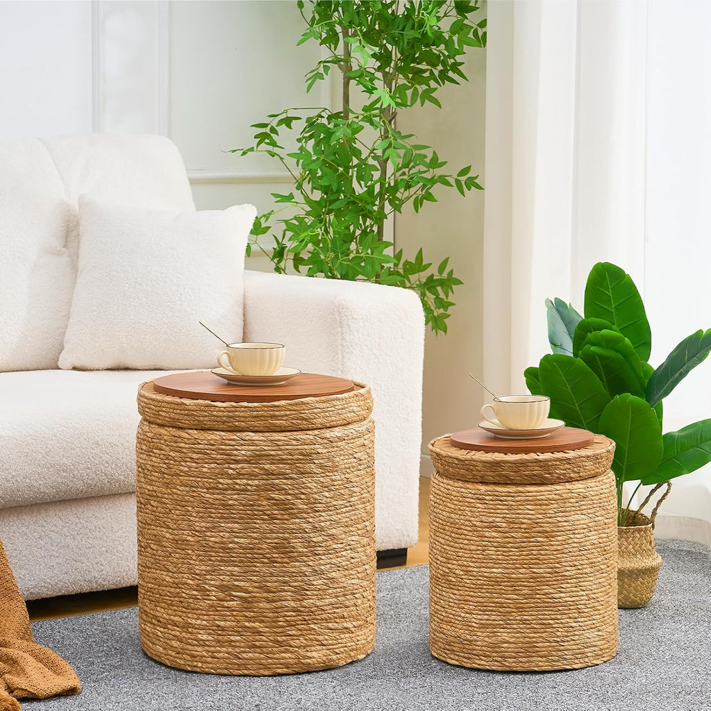 Round Storage Pouf Ottoman Hand Weaving Natural Boho Straw Footstool Pouffe | Breathable material, Hand‑woven from natural straw, Artisanal hand‑crafted texture, Bohemian home decor accent
