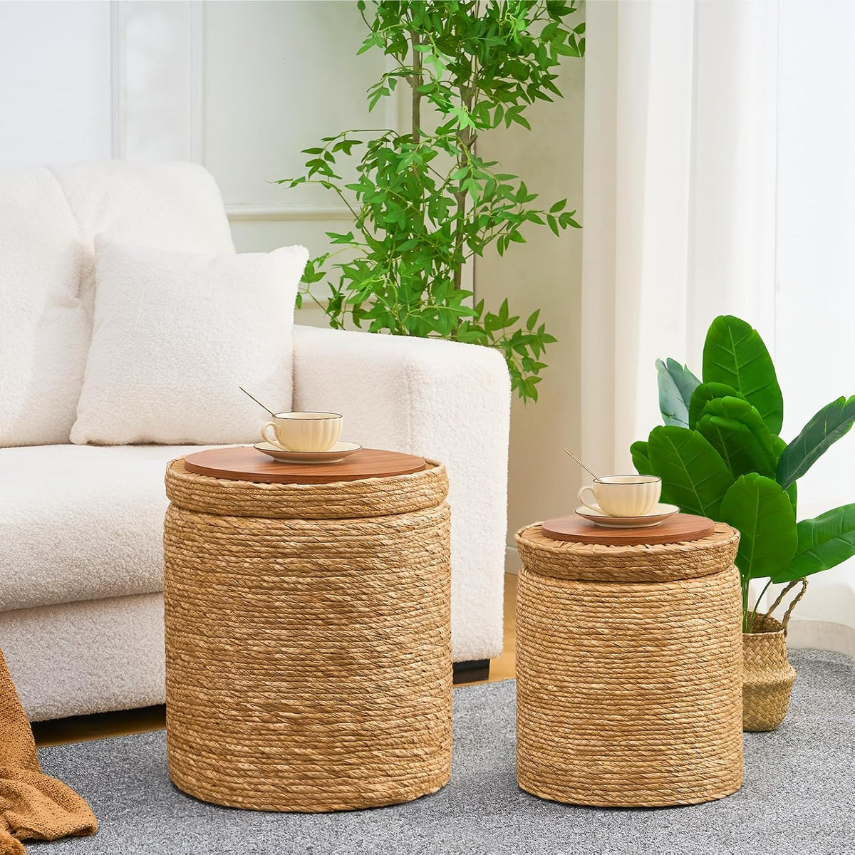 Round Storage Pouf Ottoman Hand Weaving Natural Boho Straw Footstool Pouffe | Breathable material, Hand‑woven from natural straw, Artisanal hand‑crafted texture, Bohemian home decor accent