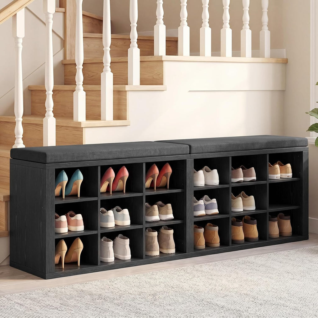 Shoe Rack Bench, Shoe Storage Bench with Cushion, Shoe Organizer 18 Cubbies for Entryway Hallway Bedroom Living Room, Holds Up to 400lbs