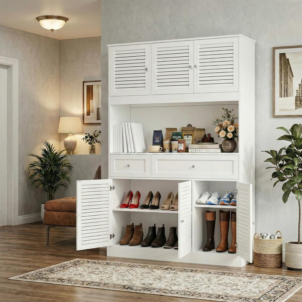 HIFIT 71" Tall Kitchen Pantry Cabinet with Spacious Countertop, 47.2" Wide Kitchen Hutch with Coffee Bar, Farmhouse Shoe Storage Cabinet for Entryway, White