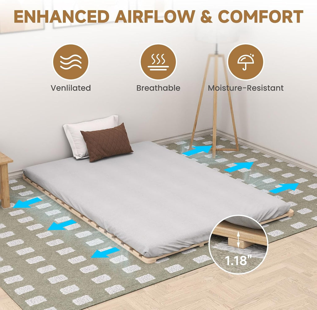 LILYPELLE Floor Bed Frame Full, Foldable Tatami Bed Frame Futon Frame | Breathable Moisture-Proof Bed Plate, Wood Slatted Floor Bed Frame, Japanese Floor Beds for Floor Sleeping & Futon Mattress
