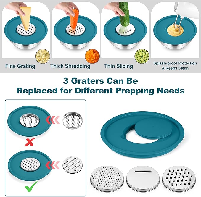 TeamFar Mixing Bowls, Stainless Steel Nesting Salad Bowl with Lids & 3 Graters, For Kitchen Cooking Serving Prepping, Airtight & Non-Slip, Size 4.6/3.5/2/1.5/1/0.7 QT, Set of 5 & Blue
