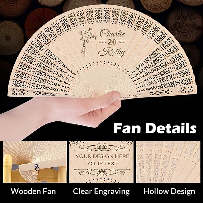 100 PCS Custom Fans Personalized Folding Fans for Line Dancing Wooden Hand Fan Wedding Favors Bulk Fans for Guests Party Event Use (Style12)