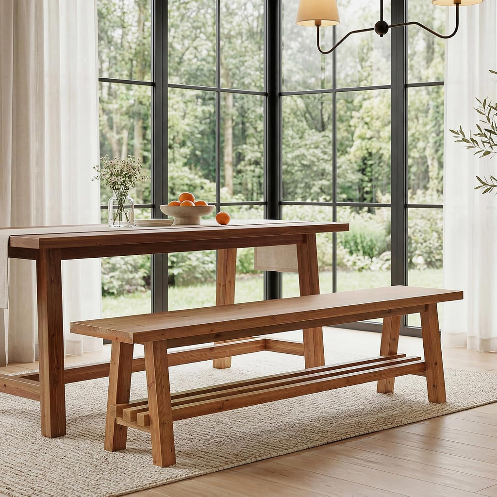 55" Farmhouse Wood Bench, 2-Tier Rustic Kitchen Dining Seat, Indoor End of Bed Bench for Kitchen, Dining Room, Living Room, Hallway, Bedroom