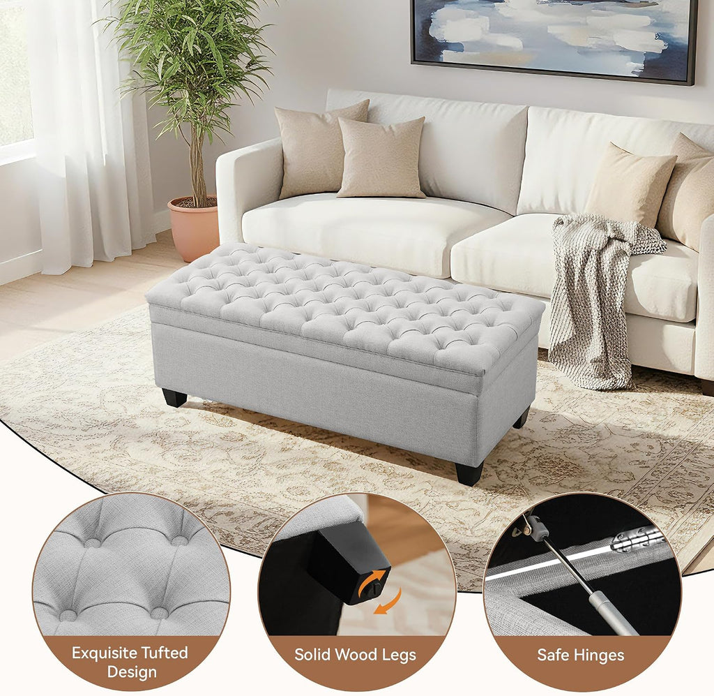 50" Storage Ottoman Bench, Rectangular End of Storage Bench, Upholstered Large Fabric Tufted Ottoman with Storage for Living Room, Bedroom, Entryway,Light Gray