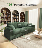 Welzona 101" Sofas for Living Room, Oversized Couch,Couches for Living Room | Comfy Corduroy Couch, Tool-Free Setup Sofa Couch, 6.3" Extra Wide Armrest, All-Wood Modern Couch For Bedroom, 2 Pillow, Green