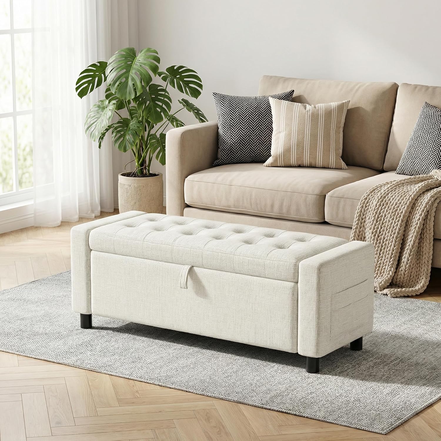 Amada 46" Storage Ottoman Bench with Safety Hinge, Hidden Compartment & Side Pocket - Upholstered End of Bed/Entryway Bench for Bedroom & Living Room, 400 lbs Weight Capacity, Beige