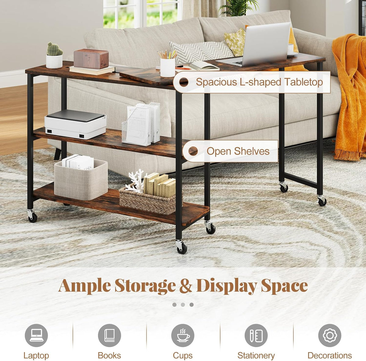 NAFORT 360° Rotating End Table with 6 Swivel Casters, Multi-Purpose Sofa Side Table with 265 lbs Weight Capacity, Rolling Couch Table with 2-Tier Storage Shelves, Rustic Brown
