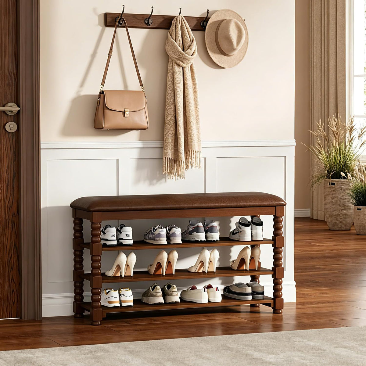 Homleke Solid Wood Shoe Storage Bench with Cushion,Classic Turned Ball Legs | 3-Tier Tall Entryway Bench with Leather Seat, Holds Up to 12 Pairs, for Hallway and Bedroom, Walnut, 39.4 Inch