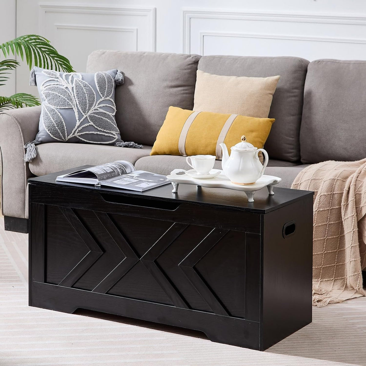 39.3” Storage Bench, Extra Large Entryway Bench with Storage,Storage Chest with 2 Safety Hinges,Blanket Storage,Shoe Storage Chest for Bedroom,Living Room,Easy Assembly.-Ink Black