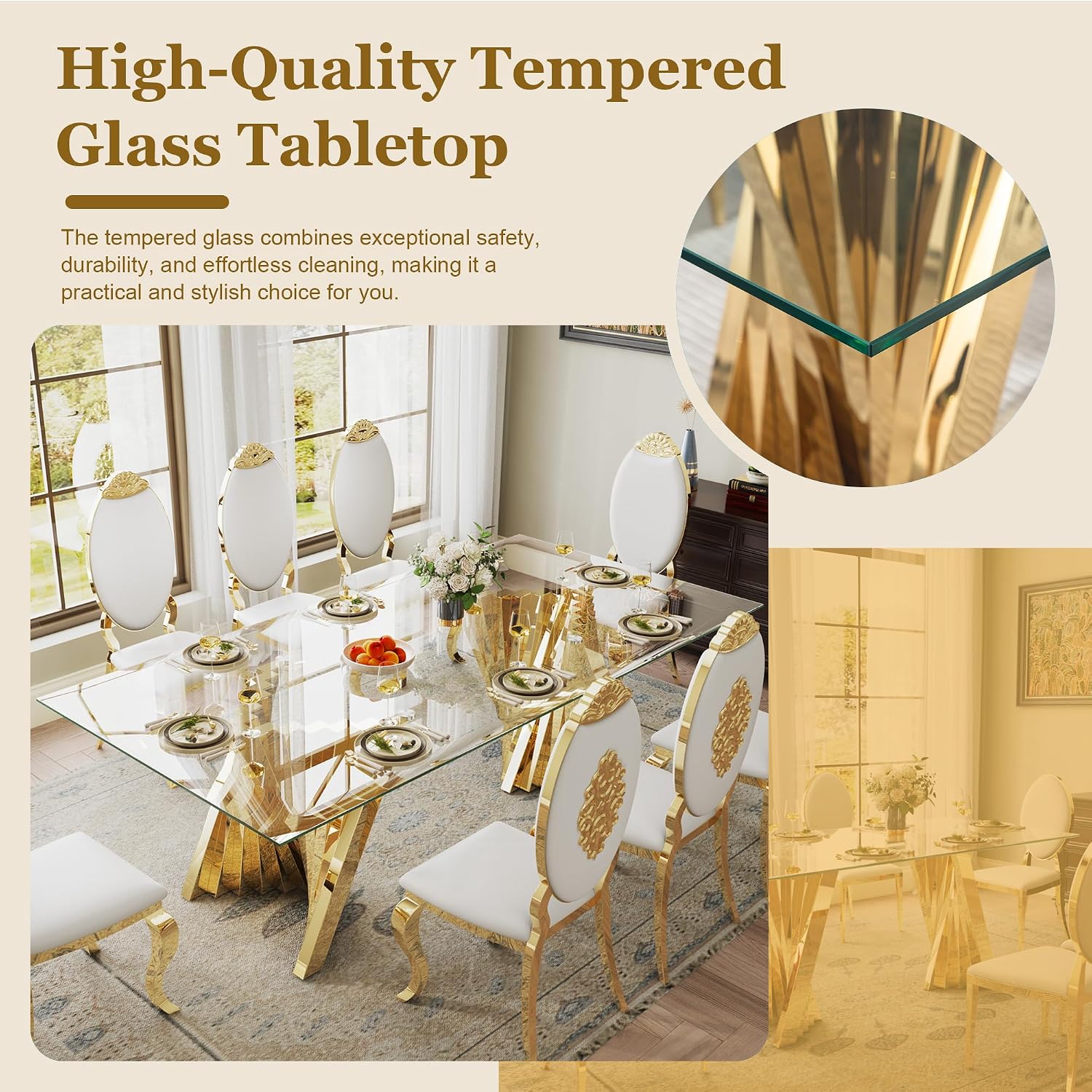 Luxury 94" Glass Dining Table for 8-10 People, Modern Rectangle Tempered Glass Top & Gold Stainless Steel Base, for Dining Room or Kitchen