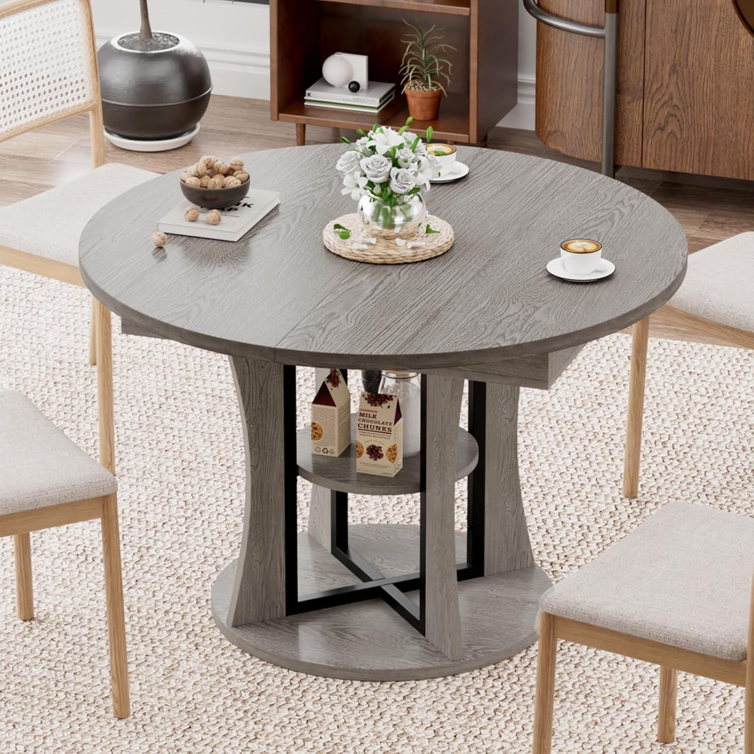 Extendable Round Dining Table for 4-6-8, 43.3-59in Expandable Kitchen Table with Storage Shelf, Space Saving Circle Oval Dining Table with Leaf for Kitchen, Dining Room, Gray