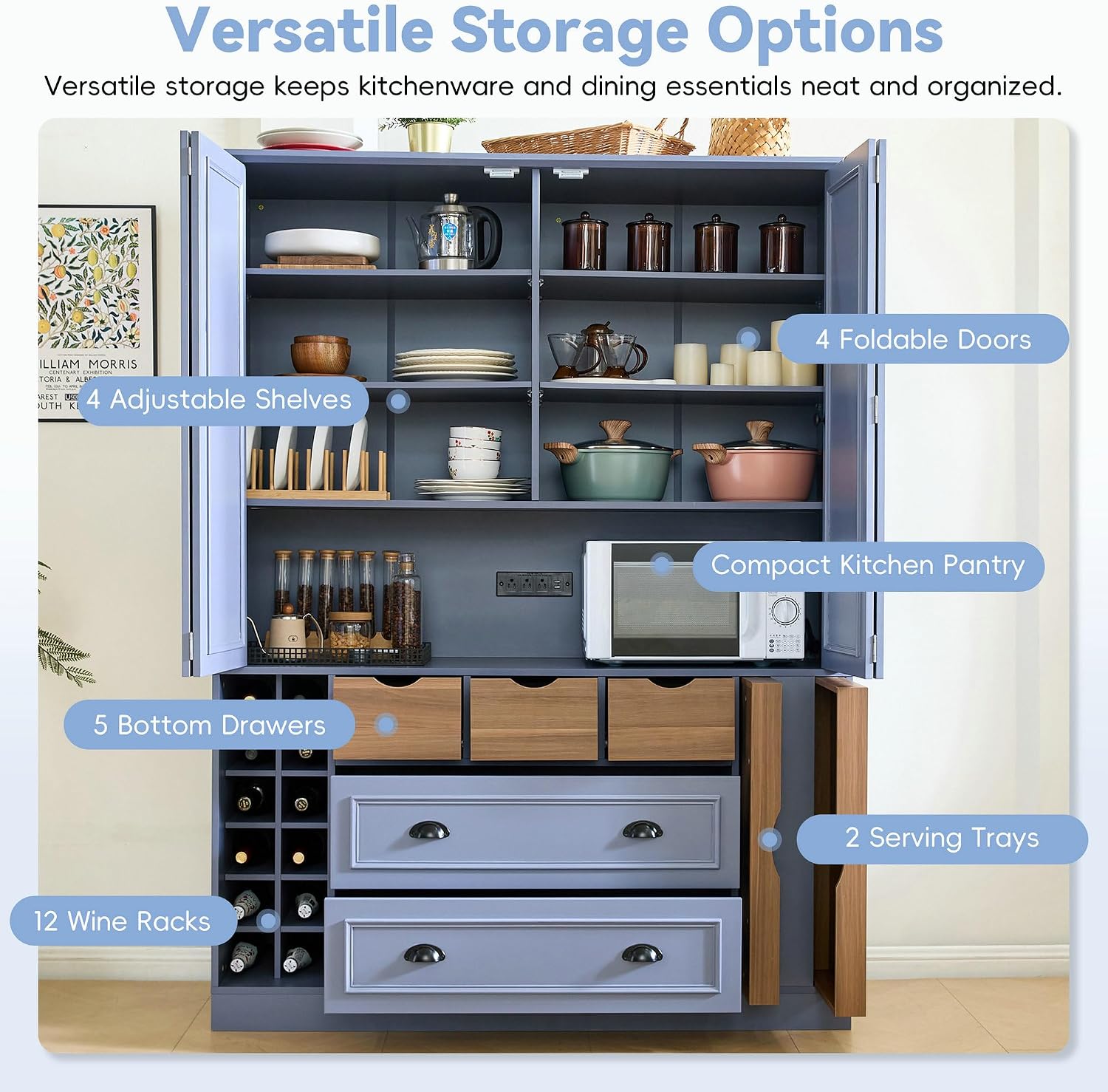 LUMISOL Farmhouse Kitchen Pantry Cabinet, 71" Tall Freestanding Storage Cabinets with Foldable Doors, Power Outlet and Shelves, Dining Storage Cabinet Cupboard with Wine Racks and Serving Trays, Gray