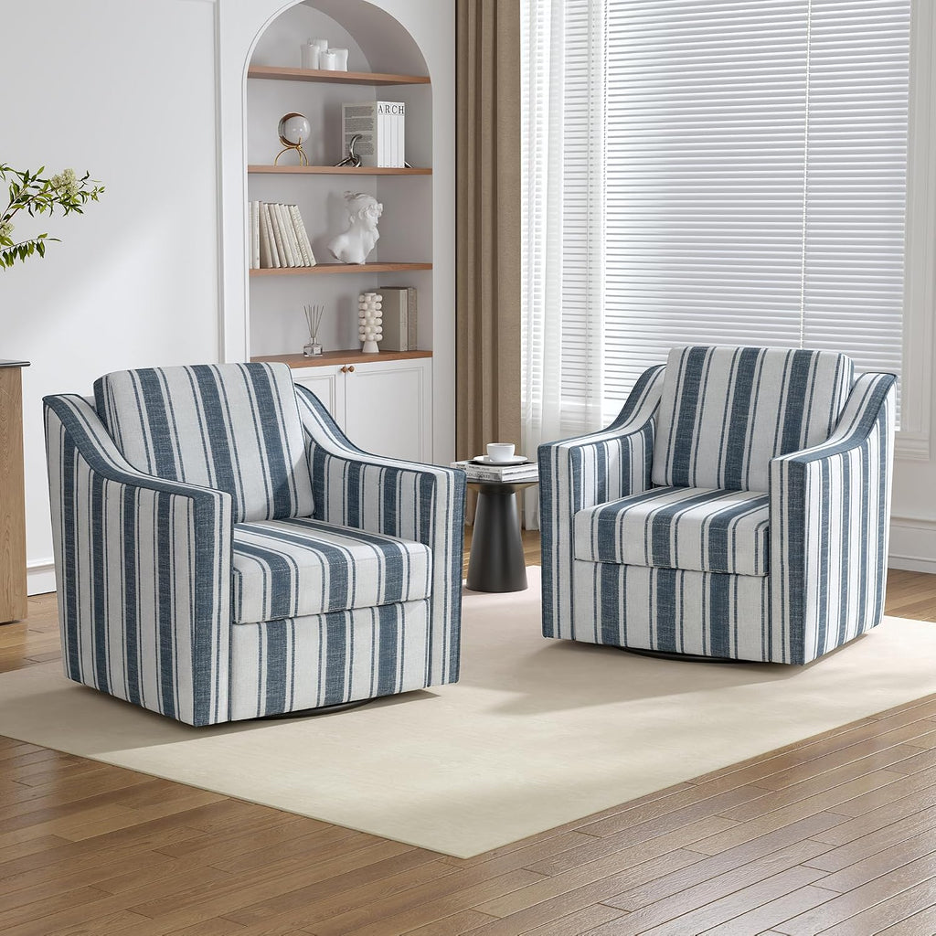 Swivel Accent Chairs Set of 2, 360° Swivel Club Armchairs, Navy Stripe