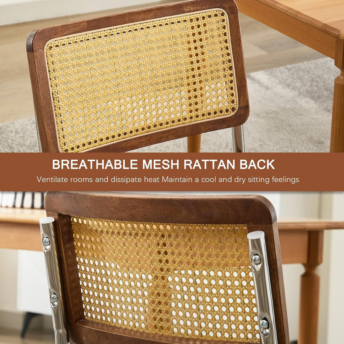 Rattan Back Linen Dining Chair Set of 4 Modern Stainless Chrome Base Armless Upholstered Side Chair for Dining Room, Kitchen Island,Coffee