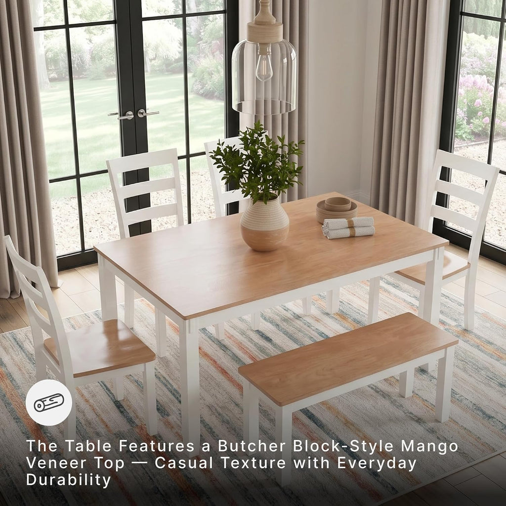 Signature Design by Ashley 6-Piece Dining Table Set with Bench and Chairs | Solid wood frame, Rubberwood, MDF, Wipe-clean mango wood veneer, 2-tone farmhouse style, Gesthaven Series