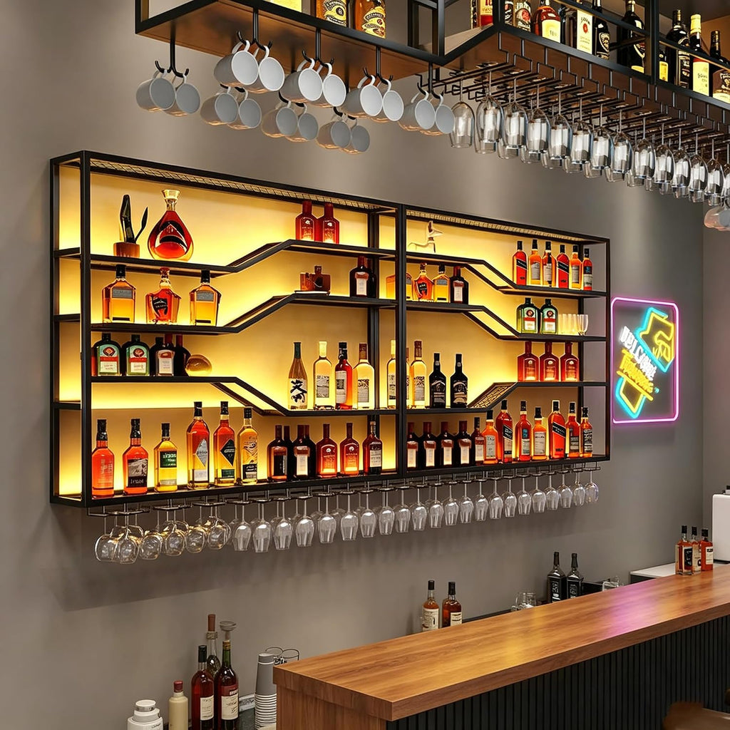 Large Wine Rack Wall Mounted with LED Light, 94in Floating Bar Shelves Glass Holder, Metal Black Liquor Bottles Storage Display Shelf for Home Bar, Dining Room, Kitchen (94.4in/240cm)
