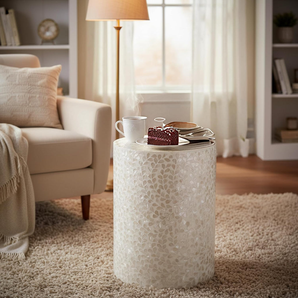 PEMAR Capiz Shell Cylinder Drum End Table Nacre Side Table Stool Accent Coffee Bedside Round Nightstand and Vanity Stool White Cream Floral Vine Pattern 13" Diameter x 19.3" High