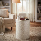 PEMAR Capiz Shell Cylinder Drum End Table Nacre Side Table Stool Accent Coffee Bedside Round Nightstand and Vanity Stool White Cream Floral Vine Pattern 13" Diameter x 19.3" High