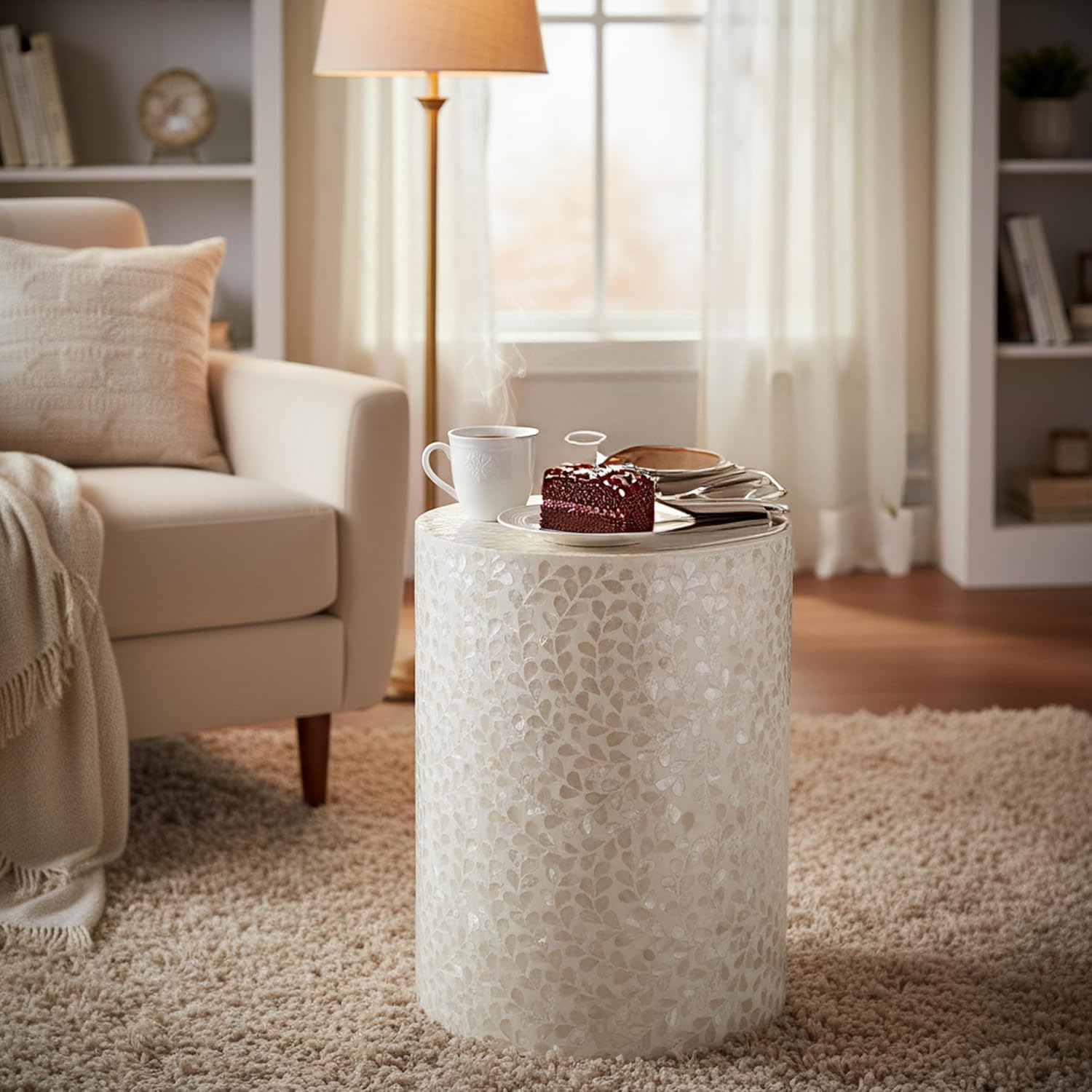 PEMAR Capiz Shell Cylinder Drum End Table Nacre Side Table Stool Accent Coffee Bedside Round Nightstand and Vanity Stool White Cream Floral Vine Pattern 13" Diameter x 19.3" High