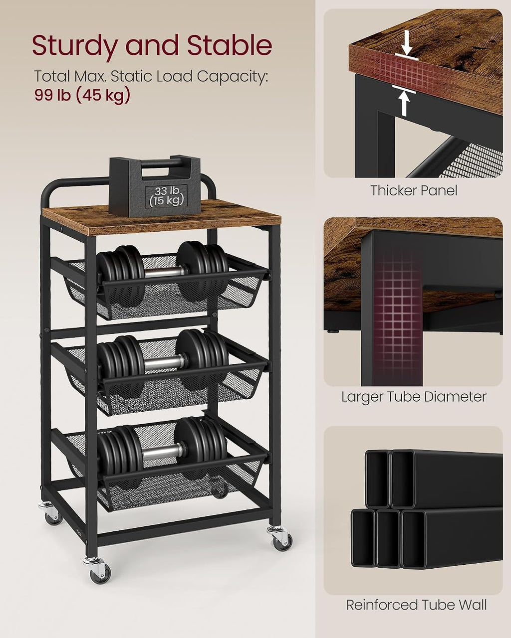 VASAGLE 4-Tier Storage Rolling Cart Organizer with Pull-Out Baskets | Utility Cart with Wheels, Handle, 12.5 x 15.8 x 29.9 Inches, Rustic Brown and Matte Black, DACEY Collection ULRC040K01